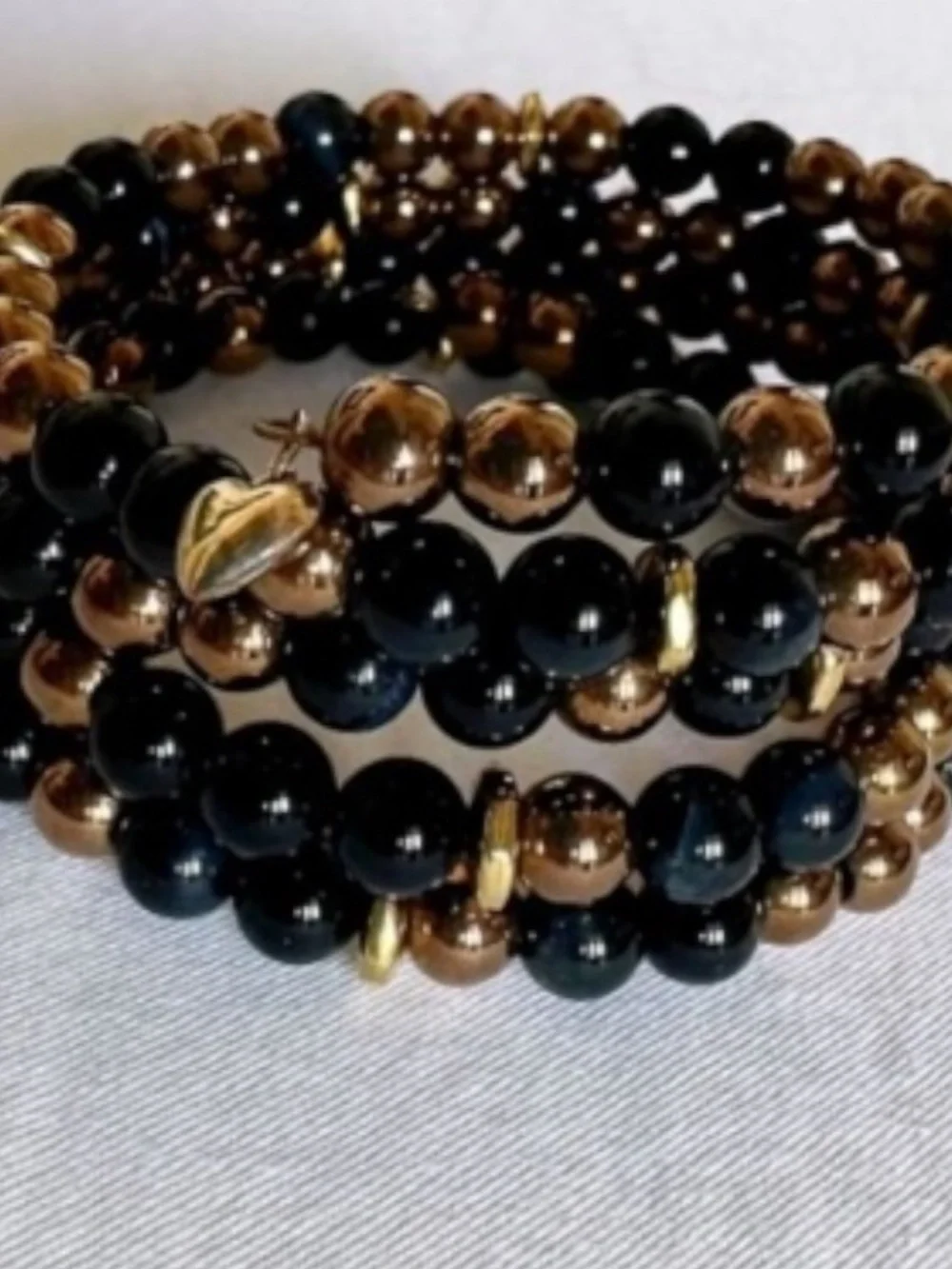 Classic Navy Tiger Eye & Hematite Wire Wrap Bracelet Gold Heart Charm
